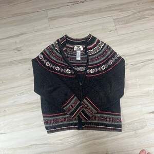 Tiara International Vintage Fair Isle Nordic Full Zip Knit Sweater Grey Red